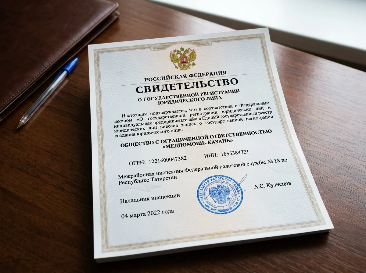 Свидетельство о государственной регистрации ООО МедПомощь-Казань, ОГРН 1221600047382, ИНН 1655384721, официальный бланк с гербом